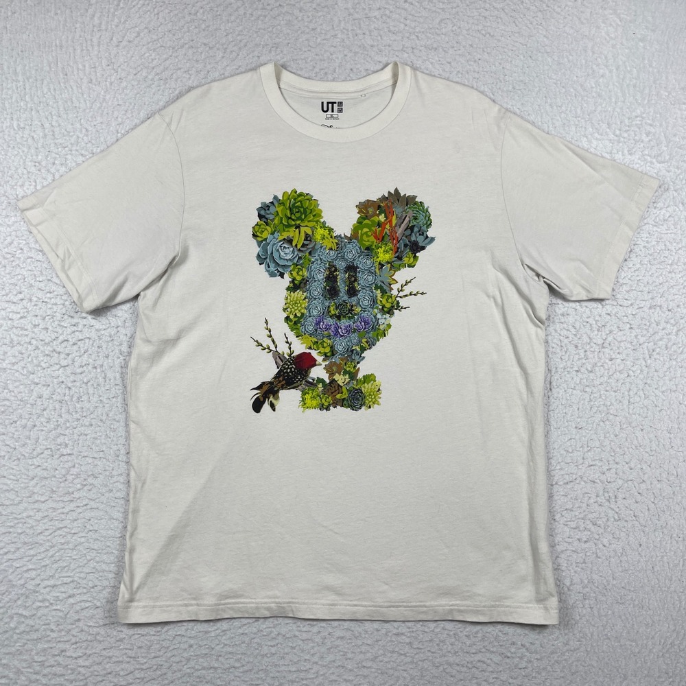 Uniqlo T-Shirt Mens XL Cream Mickey Mouse Succulent Botanical Graphic Tee Garden